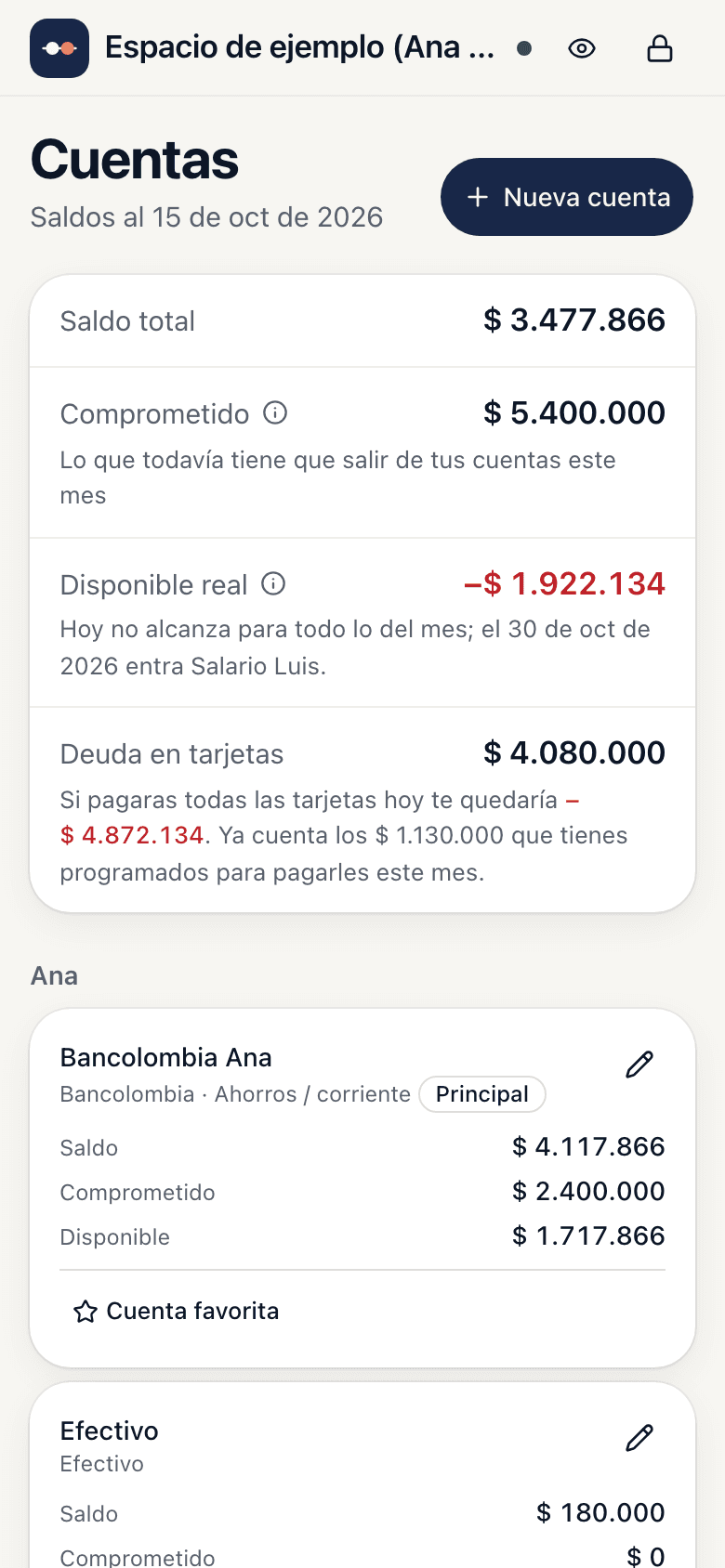 Pantalla de Cuentas: cada cuenta con su saldo, lo comprometido y lo disponible